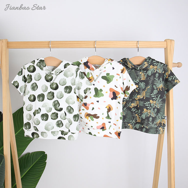 Nueva camiseta con estampado de plantas para niños, ropa de bebé de alta calidad con diseño personalizado, sudaderas con capucha de manga corta para bebé Unisex
