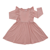 El último color sólido 100% algodón de manga larga estilo volante vestidos de niña vestido de ropa para niños