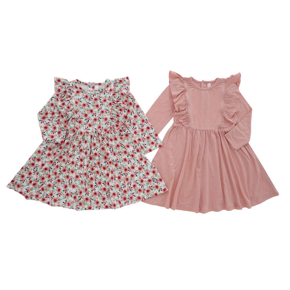 El último color sólido 100% algodón de manga larga estilo volante vestidos de niña vestido de ropa para niños