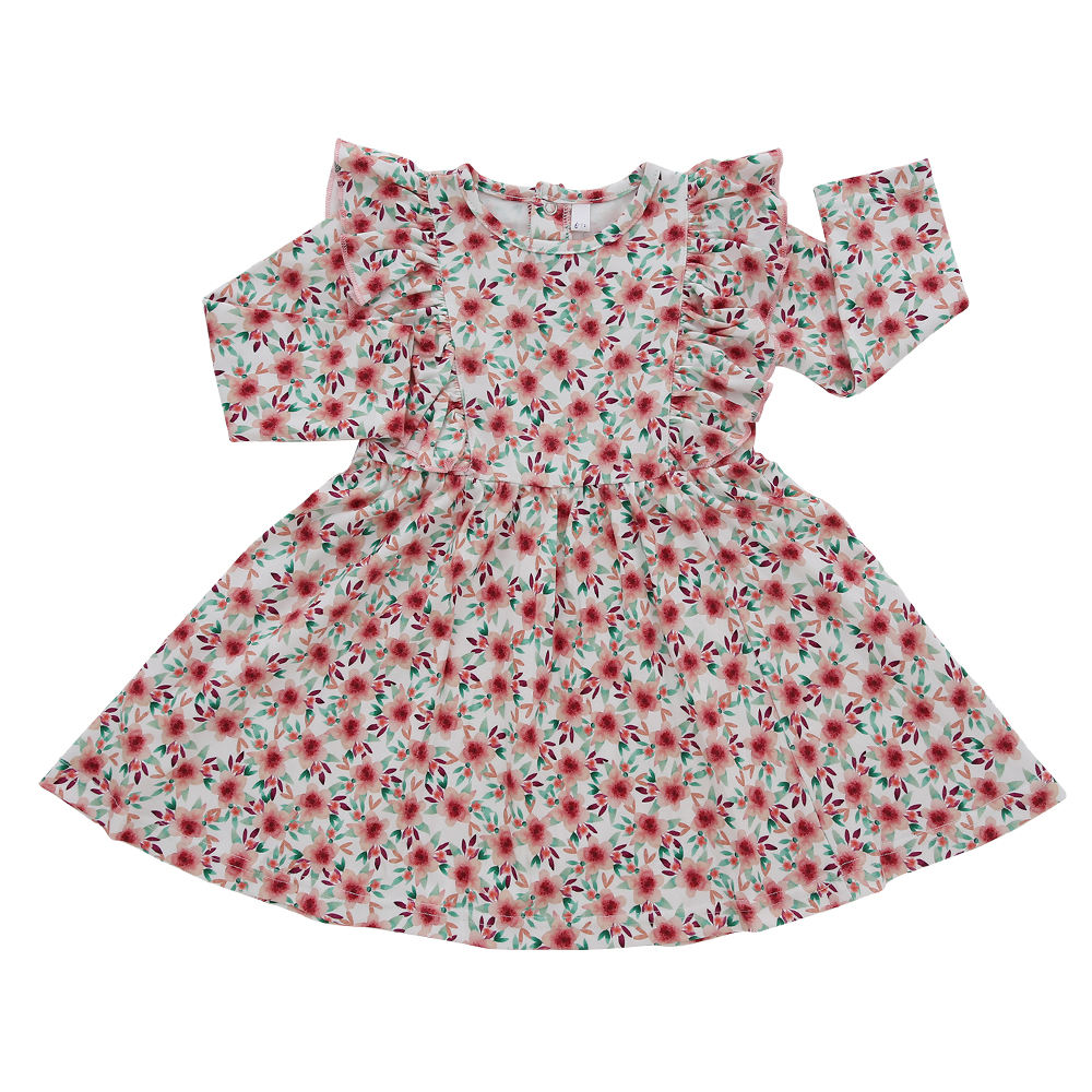 El último color sólido 100% algodón de manga larga estilo volante vestidos de niña vestido de ropa para niños