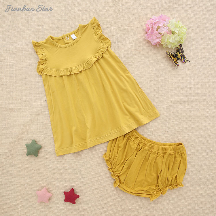 Nuevo lanzamiento, conjunto de vestido de bebé estilo volante con ropa interior, ropa de verano para niñas, conjunto de ropa de bebé saliente de algodón de LICRA y bambú