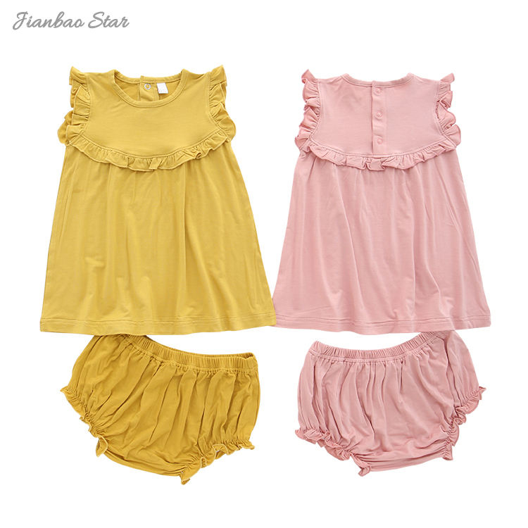 Nuevo lanzamiento, conjunto de vestido de bebé estilo volante con ropa interior, ropa de verano para niñas, conjunto de ropa de bebé saliente de algodón de LICRA y bambú